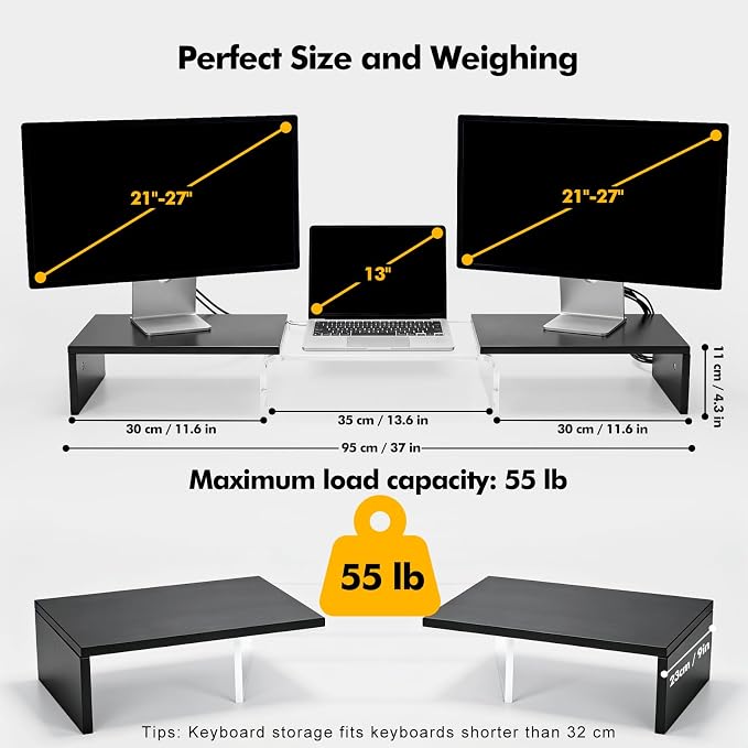 Dual Monitor Riser, Acrylic Monitor Riser, Adjustable Angle & Length Computer Monitor Stand, Wide Desk Shelf for Top of Desk for Home Office_Black Maple Look Small