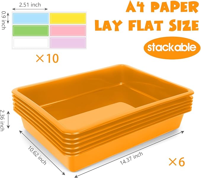ShineMe 6 Pack Paper Trays for Classroom, Orange Plastic Book Bins with Colorful Labels, Stackable Letter Size Storage Tray, Desk Organizer Tray for Home, School and Office