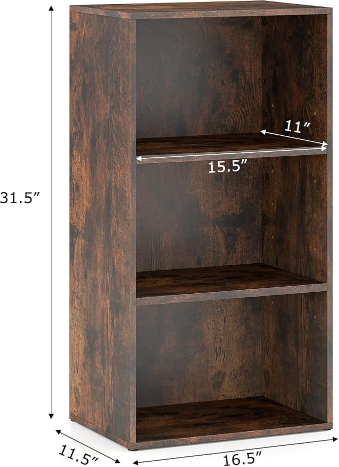 3 Shelf Bookshelf, 31.5” Small Bookcase with 2 Adjustable Shelves, Wooden Bookshelves and Bookcases, Modern Display Shelf, 3 Cube Storage Organizer for Home Office Bedroom (Brown)