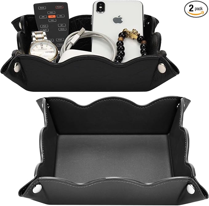 Valet Tray for Men Women 2 Pack - PU Leather Travel Catchall Tray Organizer - Desk Bedside Nightstand Storage Box for Jewelry Key Phone Remote Controller Wallet Watch Glasses Readers -Black