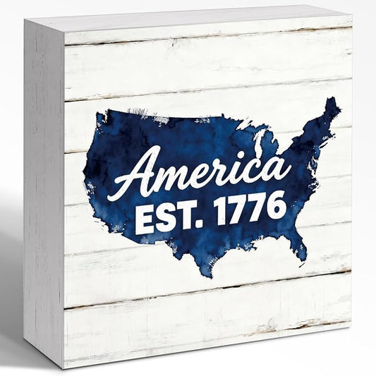 Patriotic Wooden Box Sign,America Est.1776 4th Of July Signs Home Decor,Independence Memorial Day Block Sign for Desk Shelf Tabletop Decor