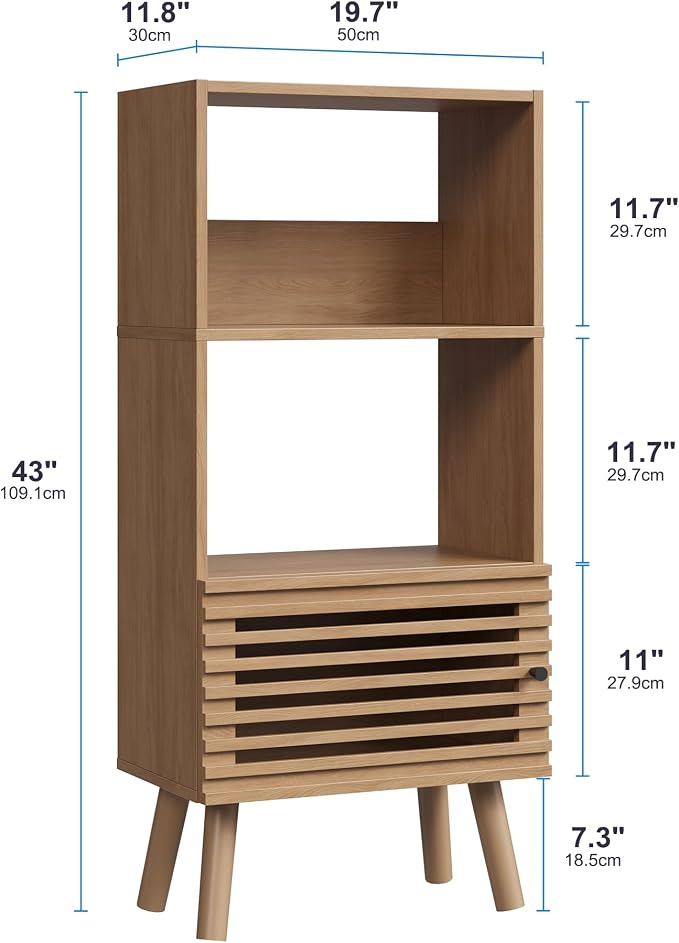 Furnify Small Bookcase, 43" H Open Shelf Cube Bookshelf with Slatted Door, Mid-Century Bookcase with 3 Cubes, Open Shelves Display Storage Cabinet for Living Room, Home Office, Oak