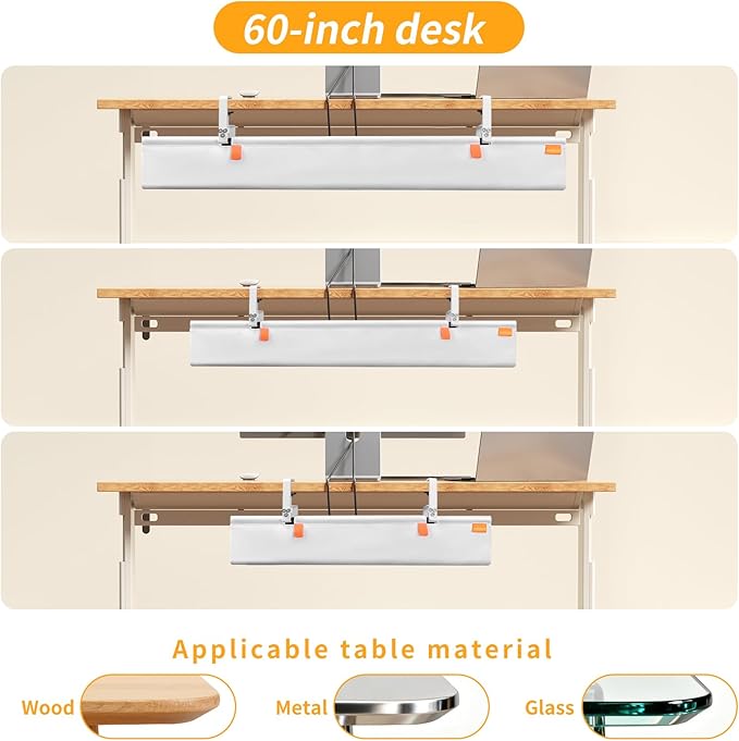 48" Under Desk Cable Management Tray, No Drill Desk Cable Management Wire Standing Desk Cord Organizer Clamp/Screw Mount, Cord Management Tray Fabric Desk Organizer for Home Office-White