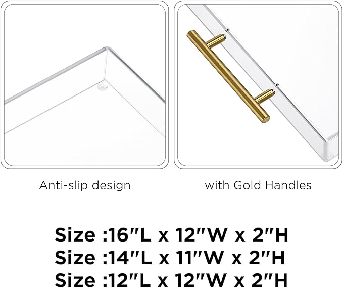 11"x14" Clear Acrylic Serving Tray with Golden Handles, Sturdy Huge Capacity Acrylic Tray for Coffee, Juice, Kitchen and Desk Organizer (11"x14")