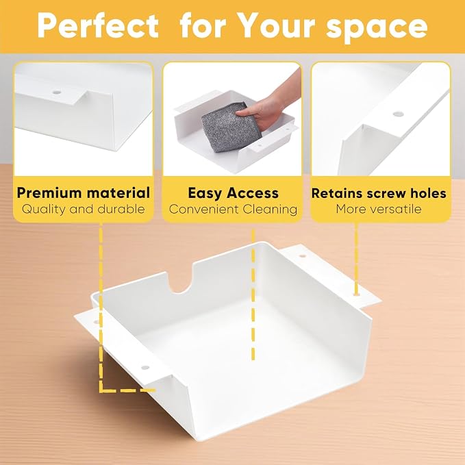 2 Pack Under Desk Hanging Shelf Drawer Organizer, Attachable Plastic Hidden Storage Tray, Easy Adhesive Mount Holder for Standing Tables, Office, Counters, Cabinets, Workstations - White