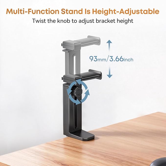 Headphone Stand & Hanger for Desk, 2 in 1 Above & Under Desk Gaming Headset Holder Mount with Height Adjustable & Rotating Clamp, Dual-sided Anti-slip Pad Earphone Rack with Cable Clip Headphone Cases