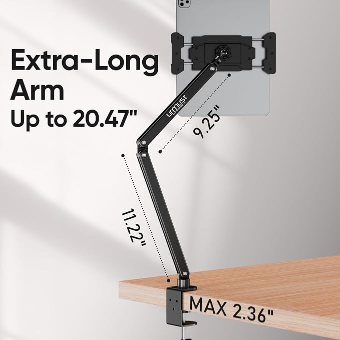 Urmust Portable Monitor Stand 15.6", iPad Stand for Desk & Bed, Portable Monitor Holder up to 18.5", Adjustable Desktop Tablet Arm Mount, Apple iPad Holder for Desk, for 4.7"-12.9" iPad Pro/Air/Mini