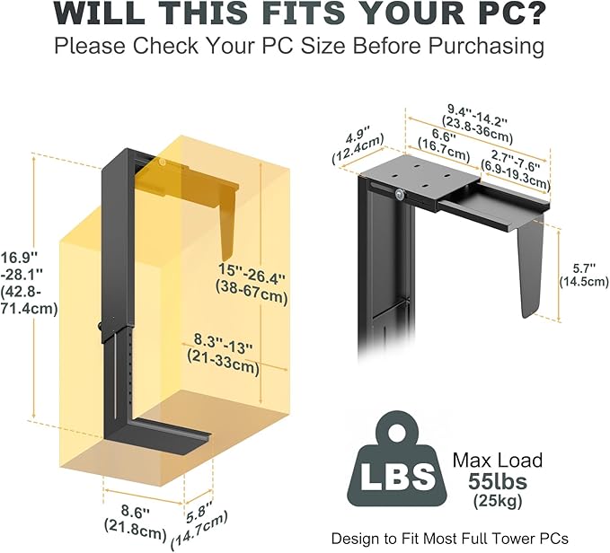 Heavy Duty Under Desk PC-Mount - Fits Most Middle & Full Tower, Height Adjustable Underdesk Computer Mount Holder with Protective Padding, Max Load 55lbs, Black