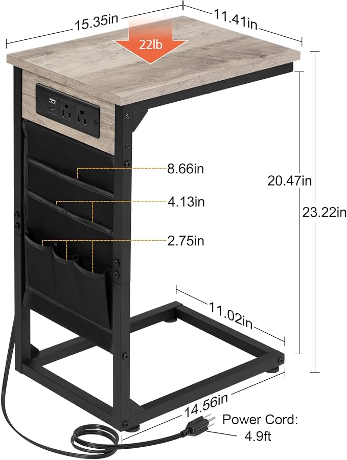 AMHANCIBLE C Shaped End Table with Charging Station, Couch Side Tables that Slide Under Sofa with Storage Bag, Slim TV Tray with USB Ports and Power Outlets for Living Room, Bedroom, Grey HET04CGY