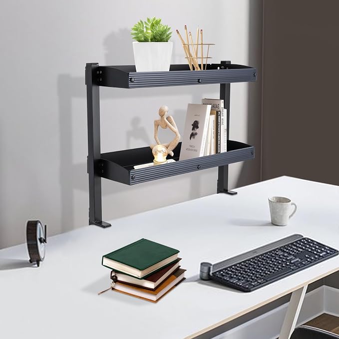 16 inch Clamp on Desk Shelf, 2 Tier Shelving Unit Above or Below Desk, Desk Extension Organizer, Modern Desktop Display Shelf for Desktop Accessories, Office Organization