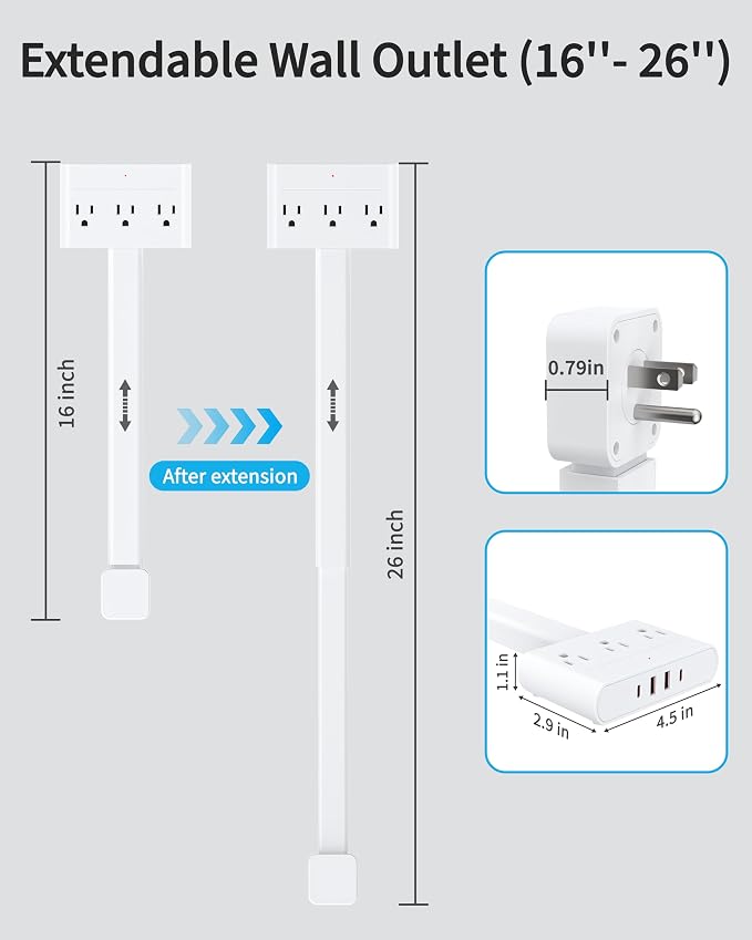 Electrical Outlet Extender Stick-360° Rotating Wall Outlet, Features 3 AC Outlets, 2 USB-A & 2 USB-C, Extends 16"-26", Extendable for Hard-to-Reach Outlets Behind Couches, Nightstands, Desks, and More
