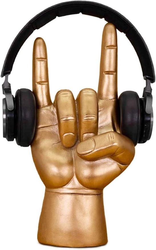 Luckies Headphone Stand - Headphone Holder - Rock On Hand - Headset Stand - Mens Jewellery Holder - Mens Desk Accessories - Controller Holders - Guitar Accessories - Desk Tidy - Dad Rock Gifts - Gold