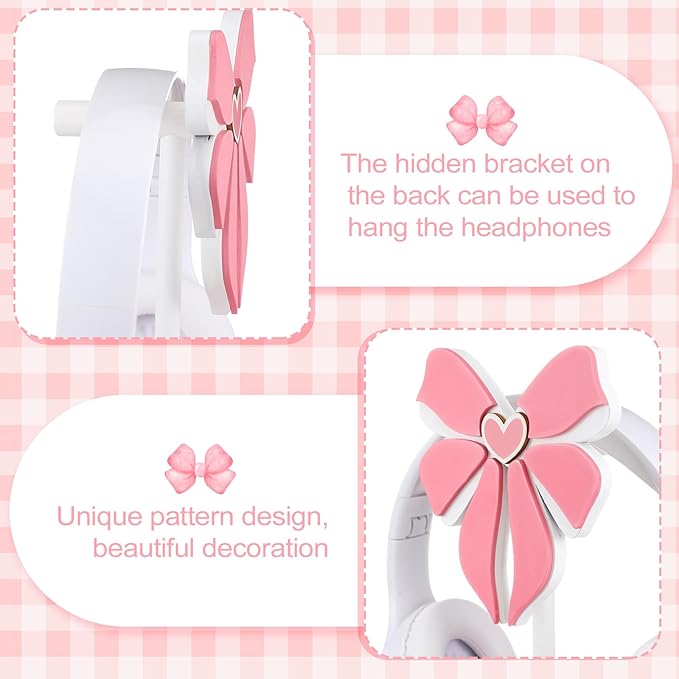Kingdder Pink Bow Headphone Stand Cute Wood Headphone Stand Adorable Headset Holder Accessories Gamer Gifts for Teenage Women Teacher Girlfriend Office Worker Wife Gamer Room Decor Office Desk
