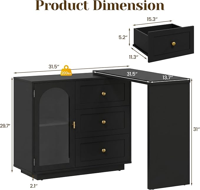 FansaFurn 59" L-Shaped Vanity Table with 3 Drawers & 1 Door, Extendable Makeup Vanity Desk, Modern Dressing Table for Bedroom, Dressing Room, Black