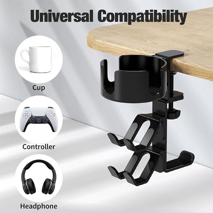 360° Rotating Controller Headphone Holder - Larger Desk Cup Holder with Adjustable Headset Hanger Controller Stand | Clamp On Desk Organizer | Gaming Pc Accessories