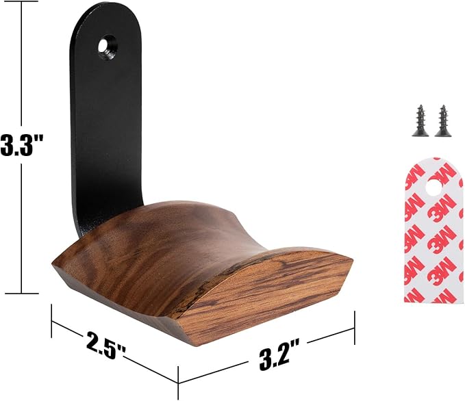 Walnut Wood Headphone Wall Mount Holder, Curved Headset Hanger with Black Metal Bracket, Adhesive or Screw Mount, Holds 10 lbs