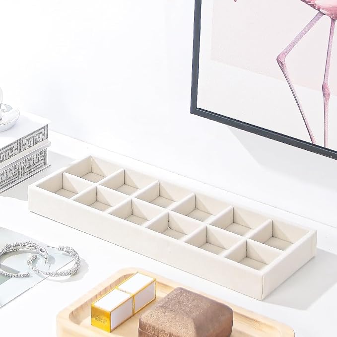 Divided Drawer Organizer Tray, Velvet Jewelry Storage Tray, Necklace Bracelet Ring Earring Display Tray,Bedside Nightstand Desk Holder Tray for Phone Watch Sunglasses Cosmetics Storage/Beige/12grid