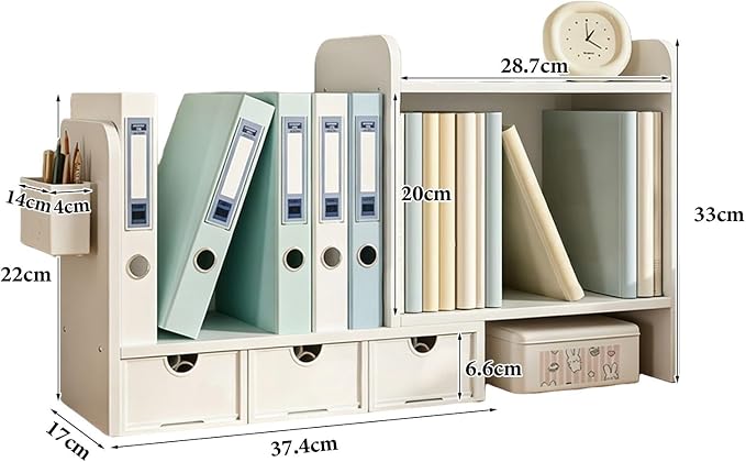 Expandable Desk Hutch Organizer, Desk Storage Rack with Drawers, Corner Desktop Bookshelf Holder for Home Office Workspace Organization