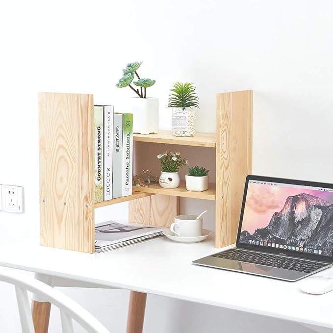 Liry Products Beige Adjustable Extendable Natural Wood Desktop Organizer Caddy Desk Organizer Countertop Shelf Bookcase Display Stand Rack Expandable Storage Office Home