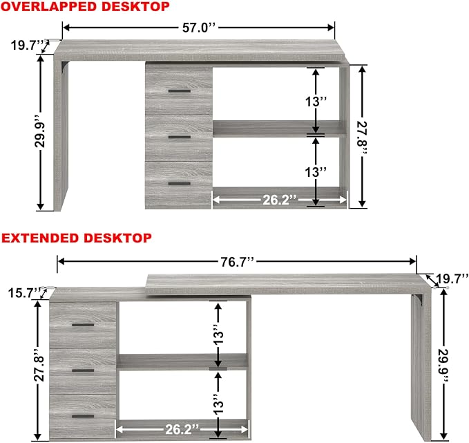 HSH L Shape Desk with Drawers, L-Shaped Desk with Storage Cabinet Shelves, Home Office Corner Computer Desk for Executive Writing, Modern Wood Study PC Table in Bedroom Living Room, Grey Oak, 55 Inch