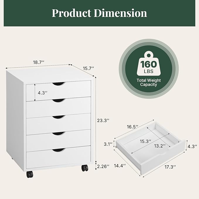Mobile File Cabinet Under Desk, 5 Drawer Storage Organization with Wheels, Vertical Filing Chest Rolling Wood Small Desk Printer Stand for Home Office, 15.75" D x 18.74" W x 25.39" H