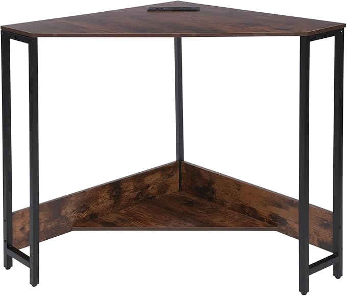 Gdrasuya Triangle Corner Storage Desk for Small Spaces - Computer Desk Table with Power Outlets & USB Ports - Triangular Corner Workstation for Bedroom, Office, Living Room - Brown