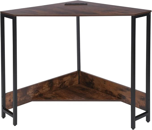 Gdrasuya Triangle Corner Storage Desk for Small Spaces - Computer Desk Table with Power Outlets & USB Ports - Triangular Corner Workstation for Bedroom, Office, Living Room - Brown