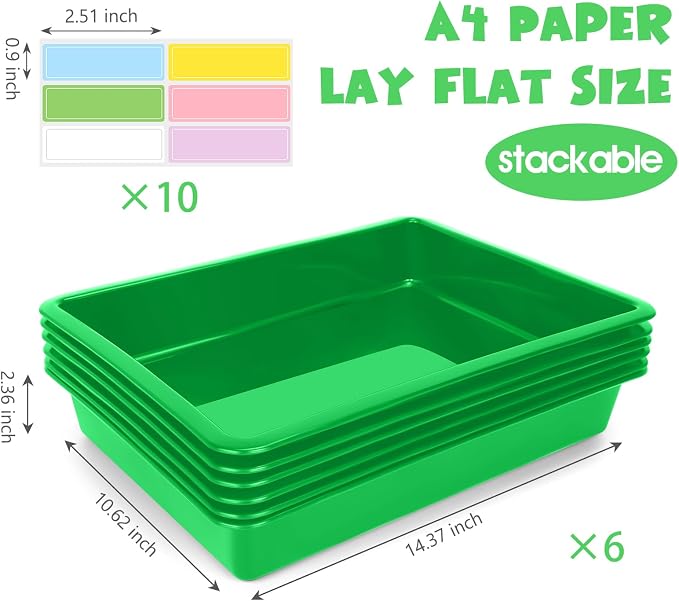 ShineMe 6 Pack Paper Trays for Classroom, Green Plastic Book Bins with Colorful Labels, Stackable Letter Size Storage Tray, Desk Organizer Tray for Home, School and Office
