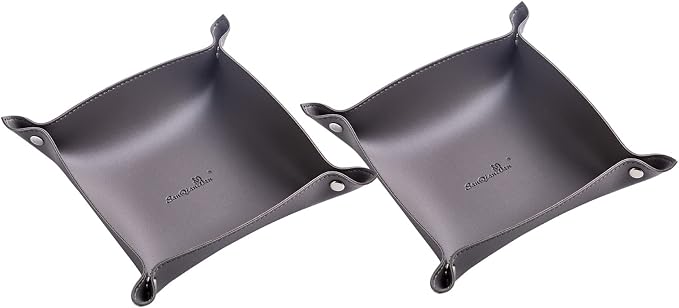 Leather Jewelry Valet Tray for Women and Man, Portable Entryway Table Tray Bedside Nightstand Desk Tray Small Catchall Travel Dish Plate for Key,Wallet,Watch,Coin (2PCs Grey-B)