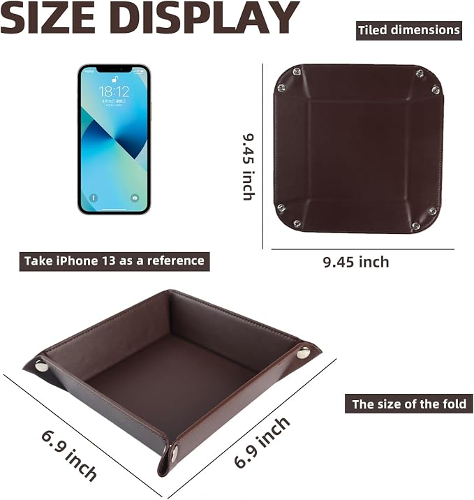 Valet Tray for Men Women - PU Leather Travel Catchall Tray Organizer - Desk Bedside Nightstand Storage Box for Jewelry Key Phone Remote Controller Wallet Watch Glasses Coin Readers - Square
