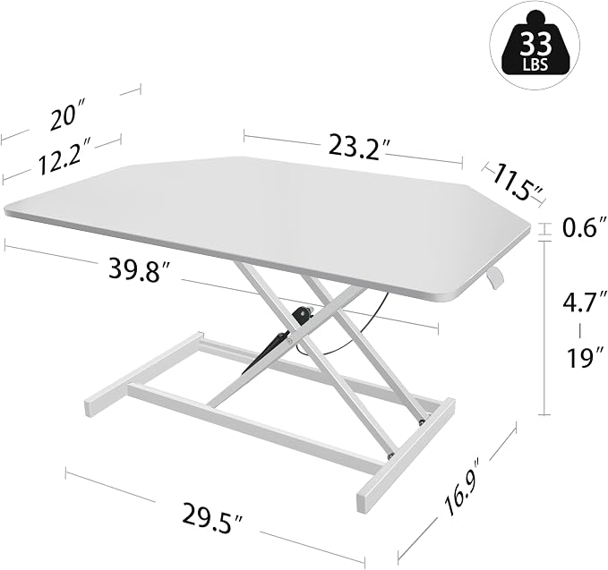 Aconcept 40 inch White Corner Height Adjustable Standing Desk Converter, One-Click Sit to Stand up Desk Riser, Pre-Assembled for Dual Monitor and Laptop Workstation