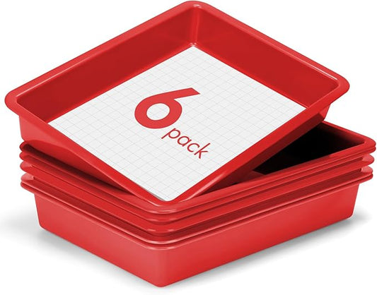 ShineMe 6 Pack Paper Trays for Classroom, Red Plastic Book Bins with Colorful Labels, Stackable Letter Size Storage Tray, Desk Organizer Tray for Home, School and Office