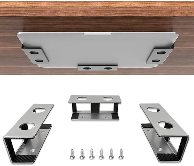 IFCASE Under Desk Laptop Mount, Metal Under Desk Shelf Holder for Laptop, Mac mini, MacBook, Keyboard with Anti-Scratch Silicone (Silver)