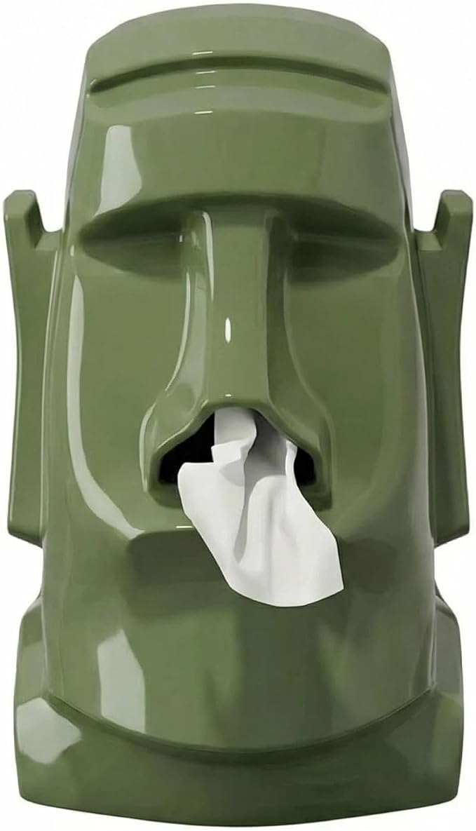 Creative Moai Tissue Box Holder with Headphone Holder, Suitable for Living Room, Bedroom and Other Desktop Storage Boxes, Green,Cream White, Black. (Medieval Green)