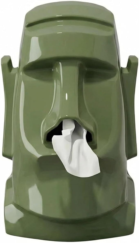 Creative Moai Tissue Box Holder with Headphone Holder, Suitable for Living Room, Bedroom and Other Desktop Storage Boxes, Green,Cream White, Black. (Medieval Green)