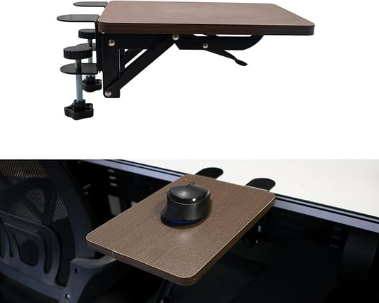 Ergonomic Desk Extender Tray, 9.8 x 6.9 Inch Clamp on Table Mount Arm Wrist Rest Shelf, 90° Foldable Mouse Support, Computer Elbow Arm Support for Office Cubicles, Home Study (Walnut)