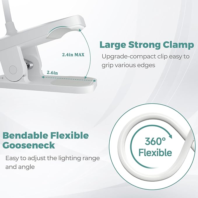 CUHIOY 2Pack Clip on Reading Light, 5 Colors 5 Brightness Bed Light for Headboard, Battery Rechargeable Flexible Arm Table Lamp with Clamp, Eye Protect LED Book Light at Night for Crafting（White）