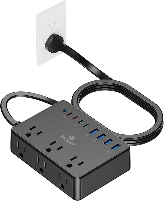 Kakyanill 100W Power Strip, 6 AC Outlets 8 USB Ports(4 USB C) with 2000J Surge Protector, 5ft Flat Plug Extension Cord, Compact for Desk Home Office Dorm, Black