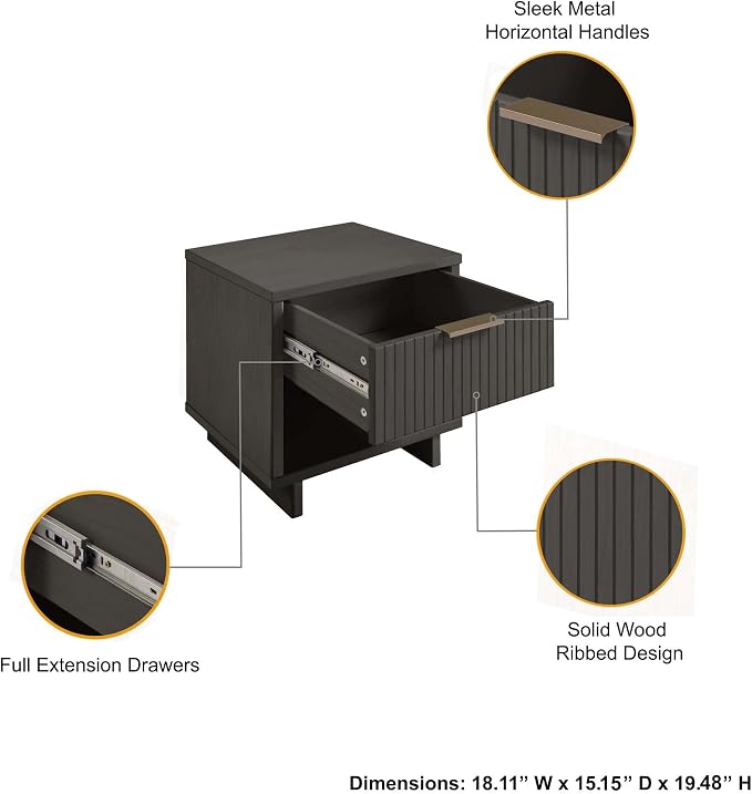 Manhattan Comfort Granville Modern Nightstand 1.0 with 1 Full Extension Drawer, Sled Legs, and Gold Accent Metal Handle, Bedside End Table for Bedroom or Living Room in Dark Grey