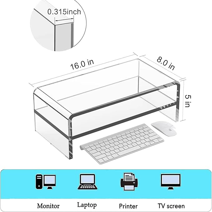 Acrylic Monitor Stand, 16 inch 2 Tier Computer Monitor Stand Riser | Computer Monitor Riser, Compatible with iMac, PC, Desktop, Laptop, TV Screen, Extra Storage Space, Home Office
