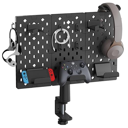 PEGZONE Headphone and Controller Holder, Rotating Gaming Accessories Organizer, Modular Desk Controller Stand with Cable Hooks, 3Pcs, Black