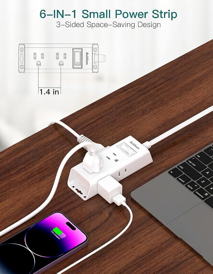 Addtam Flat Plug Power Strip with 6 Outlet Extender, 6 FT Extension Cord Flat Wall Plug with Multiple Outlets, No Surge Protector for Cruise Ship, Travel, Dorm, Home Office, Cruise Essentials, White