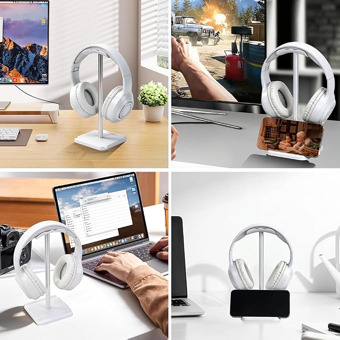 Headphone Stand, Headset Holder with Phone Holder for Desk Office Gaming, TPU-Padded Headrest, Aluminum Pole, Anti-Slip ABS Base, Universal Earphone Stand, 2 Pack White
