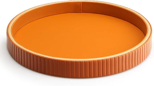 SANZIE Leather Tray Desktop Storage Organizer Premium Serving Trays Decorative Tray Valet Trays for Sundries Cosmetics Phone Wallet Cutlery (Orange Disc)