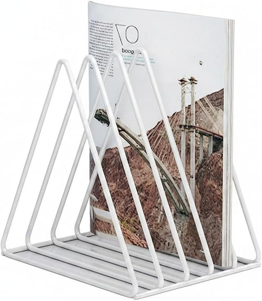 White Iron Triangle Bookshelf, Compact Corner Desk Organizer for Small Spaces, Vertical Storage Rack for Books and Decor, 7.5 x 6.3 x 7.2 Inches