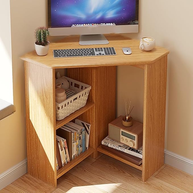 GIZNXBA Corner Desk with 3 Tier Torage Shelves, 90° Triangle Corner Table with CPU Stand for Small Space, Computer Table Makeup Vanity Desk for Home Office Bedroom (Color : /Natural, Size : 57cm)