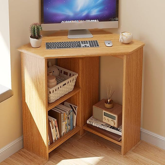 GIZNXBA Corner Desk with 3 Tier Torage Shelves, 90° Triangle Corner Table with CPU Stand for Small Space, Computer Table Makeup Vanity Desk for Home Office Bedroom (Color : /Natural, Size : 57cm)