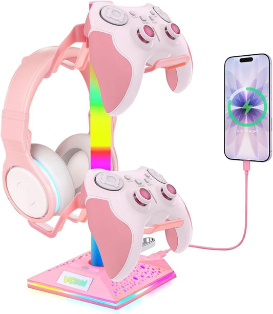 VCOM RGB Gaming Headphones Stand with 2 USB Ports, Pink Headset Stand with 10 Light Modes and Non-Slip Rubber, Suitable for PC Desk Accessories Gamers Gift(Pink)