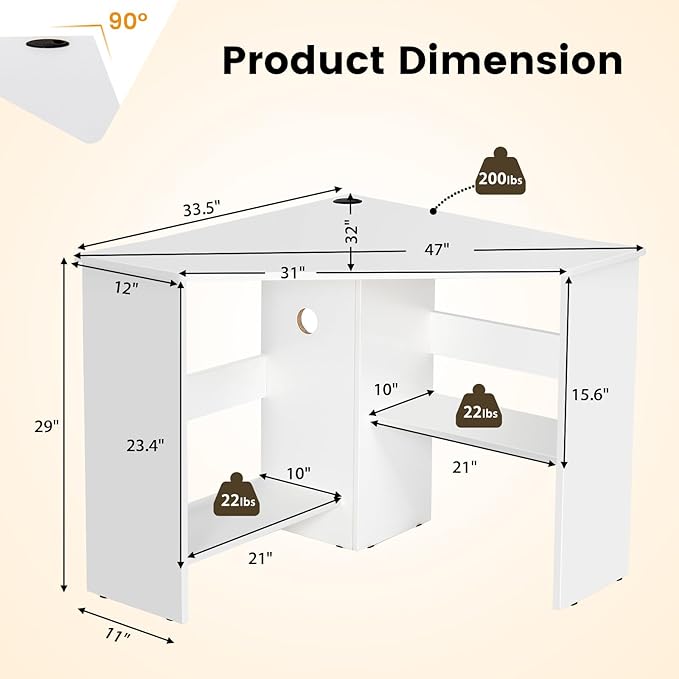 HOMGX Corner Computer Desk, Triangle Desk with Storage Shelves, Small Corner Desk for Small Spaces, Corner Vanity Desk for Home, Bedroom, Living Room, Office (White)
