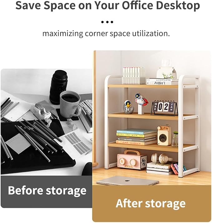 Office Desk Shelf Organizer, Wood Desktop Bookshelf Supplies Storage Rack, Shelf for Top of Desk and Dresser and Cubicle Decor Aesthetic Bookshelf (Black Black-Two Tier)